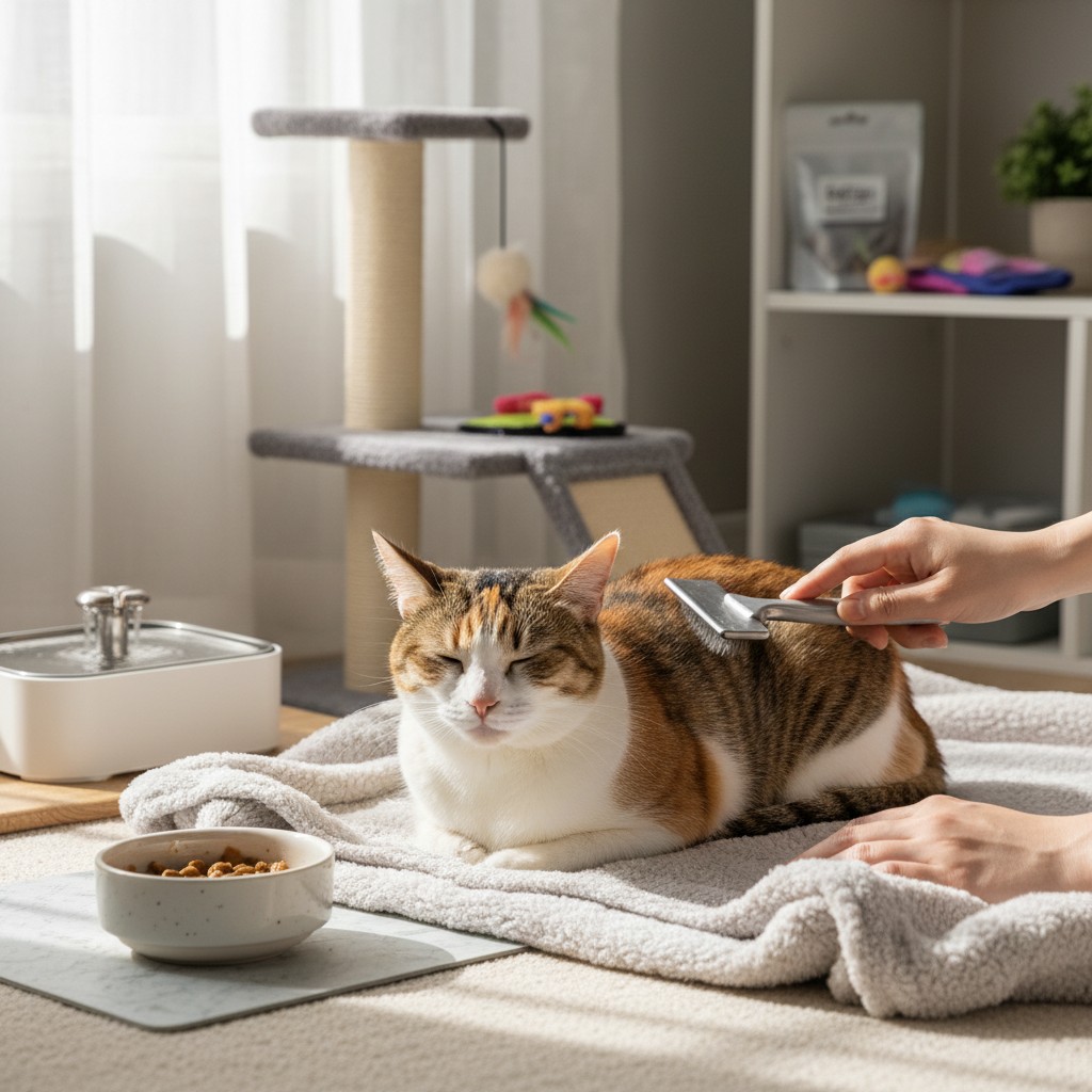 Cat being groomed on a blanket by a person holding a brush.