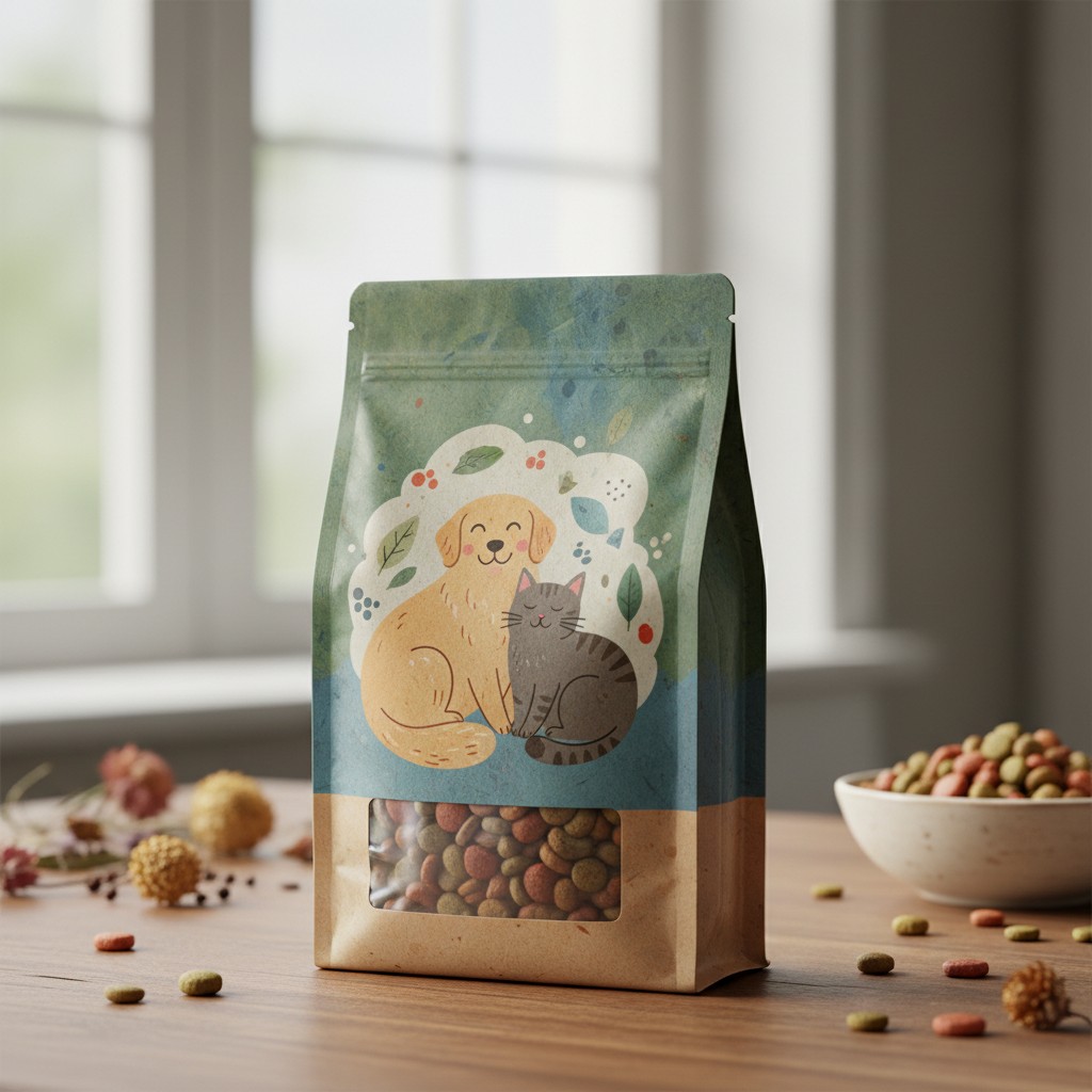 A bag of dog kibble or treats is displayed on a wooden table with a gray tabby cat and light golden retriever illustrated ...