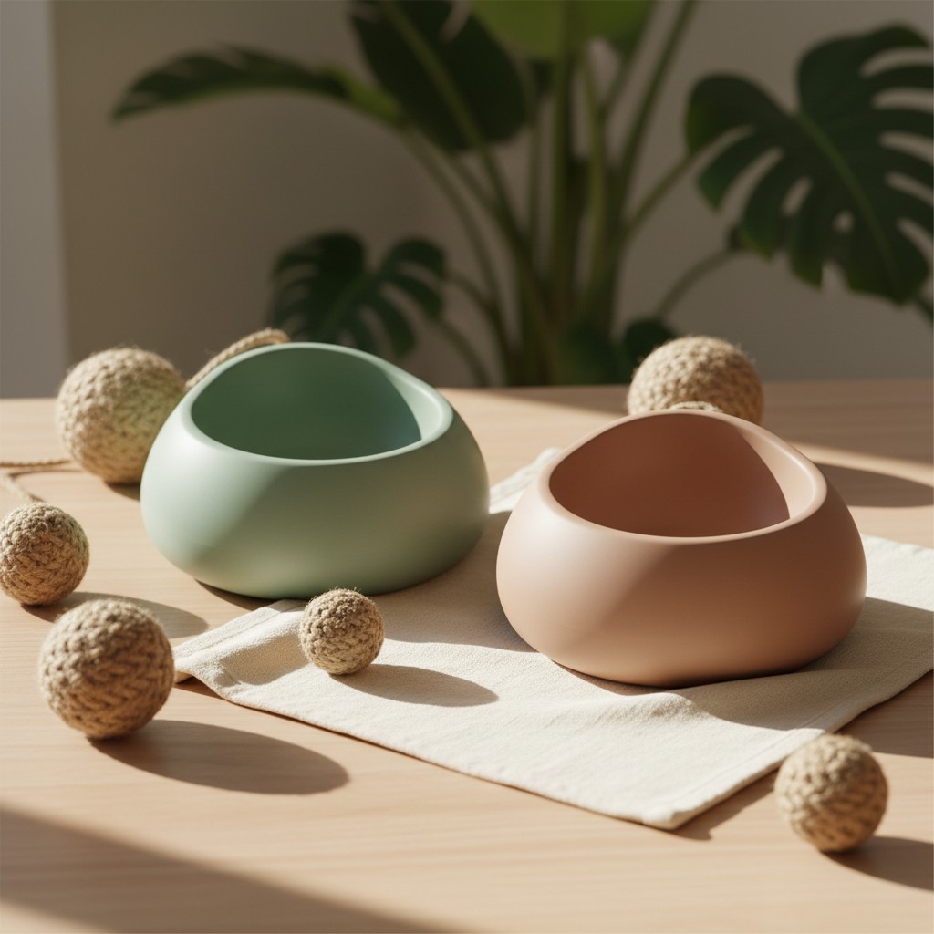 Two rounded bowls made of a light brown and green powder-coated metal on top of a placemat on a table, with a potted plant...