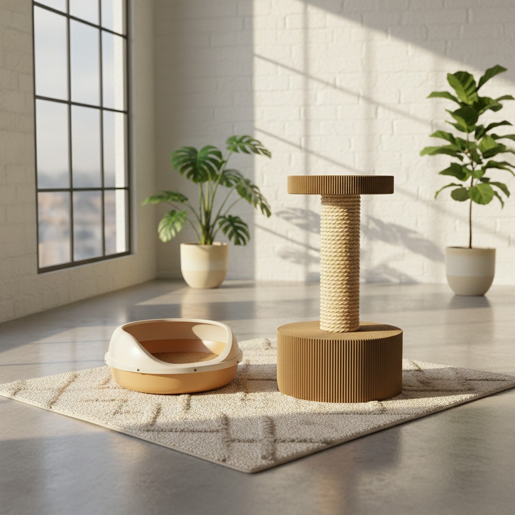 A well-lit room with a modern aesthetic, featuring a tall window, white brick walls, and a sleek gray floor. In the foregr...