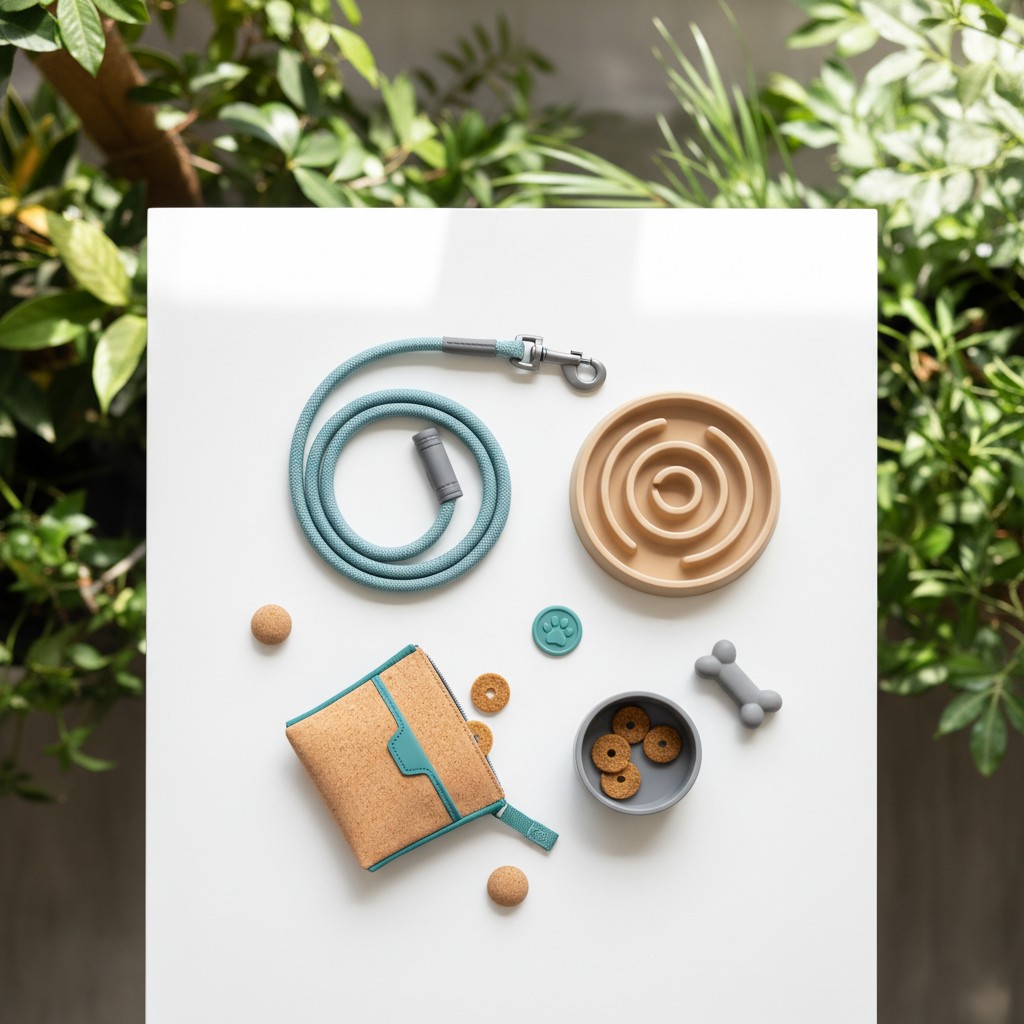 Dog food and supplies with plants in the background, alt-text: "Dog accessories with greenery."