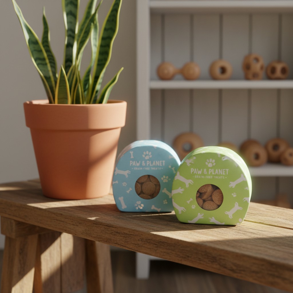 Two identical tin containers of dog treats on a wooden bench; each tin is a different color and is in a semicircular shape...