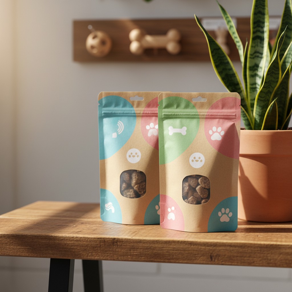 Two bags of dog treats on a wooden table, with a snake plant in a terracotta pot and a dog leash hanger with a dog toy on ...