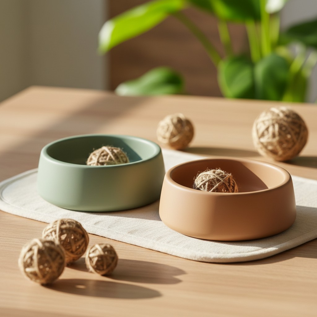 Two small dog or cat bowls resting on a placemat containing small balls of twine, with more on the tray and floor. The pla...