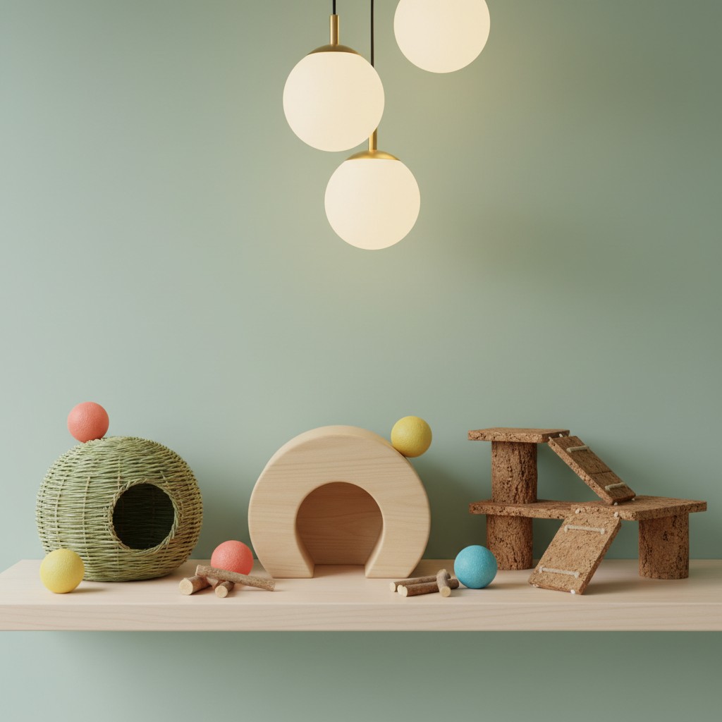 Flexible spaces with colorful decorative ball accents; round woven furniture like a hamster hideaway, a small wooden house...